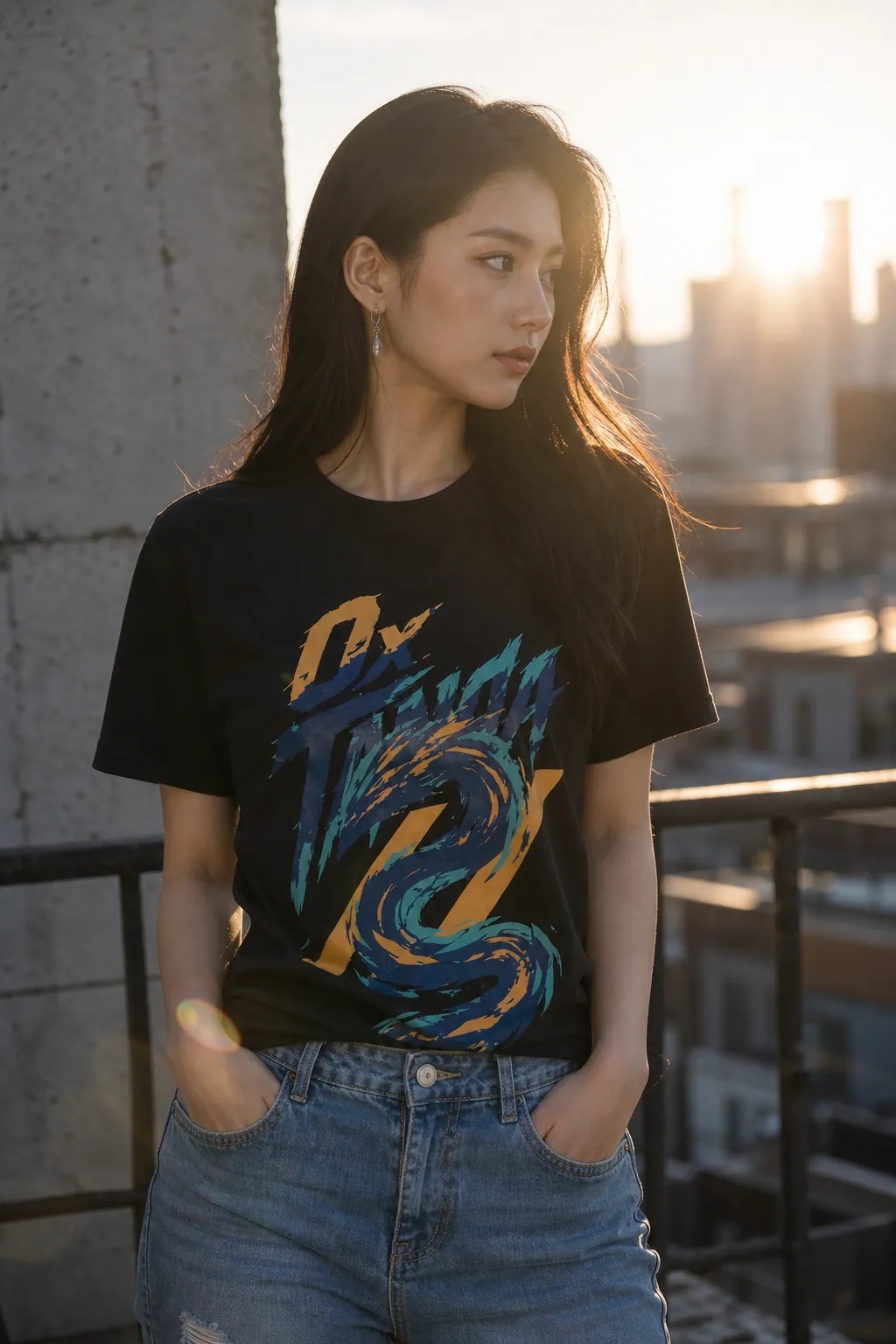 Genesis Reg Tee — black front, roof top